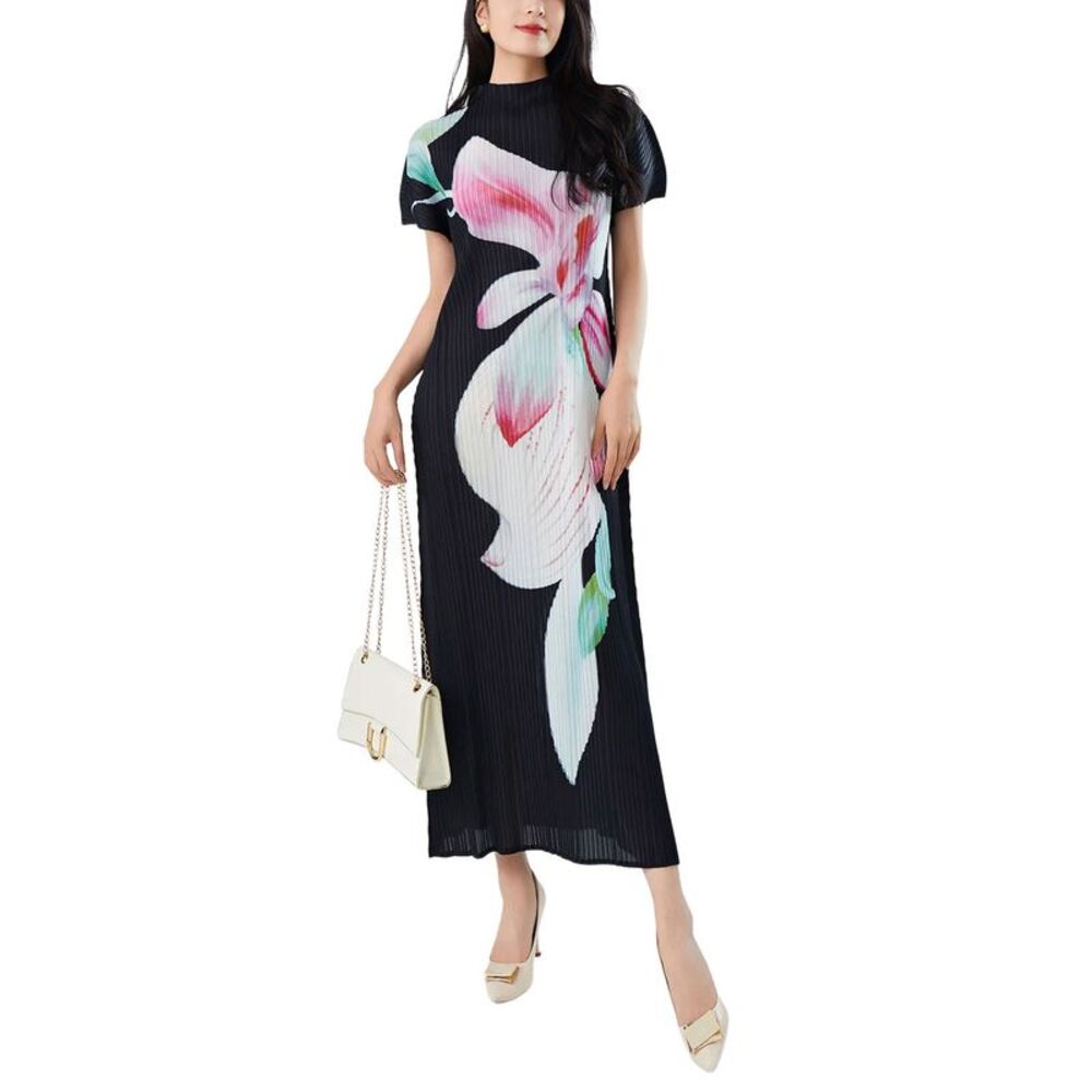Nancy Yang Womens Crinkled Flower Midi Dress Medium Black - NWT